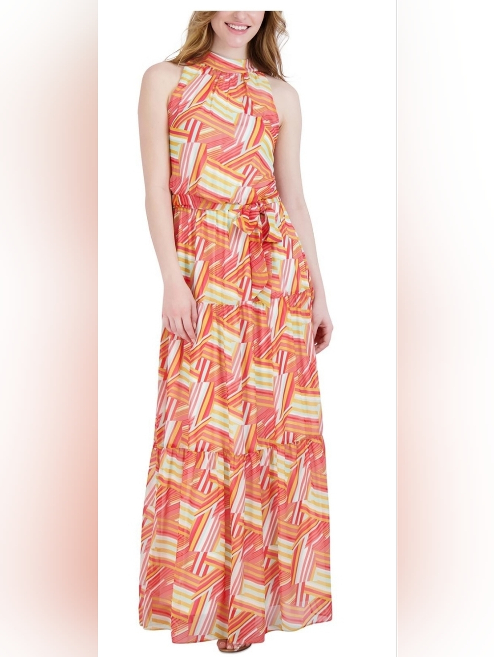 julia jordan Multicolor Geometric Halter Maxi Dress - Coral, Yellow & White